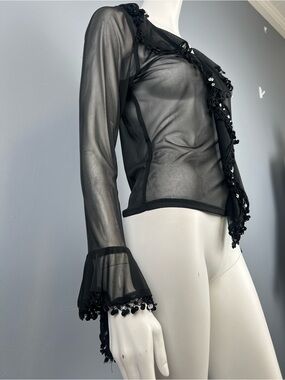 CDC Signature Collection Black Sheer Ruffle Trim with Sequins Long-Sleeve Top